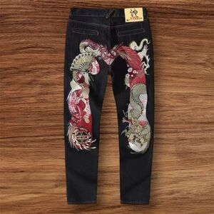 Evisu Black Jeans with Red and Gold Dragon Design